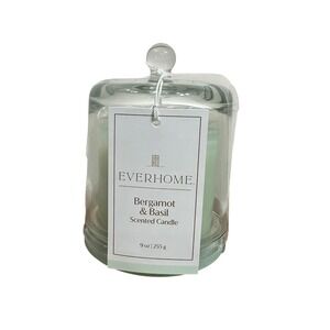 Everhome Bergamot & Basil Scented Candle 9oz with Glass Cloche Lid New